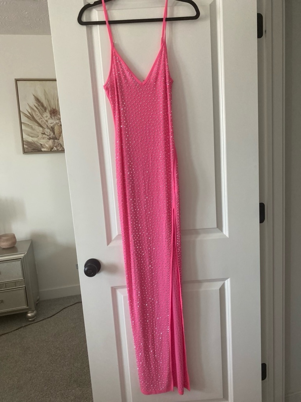 Hot Pink Rhinestone Slip Maxi Dress